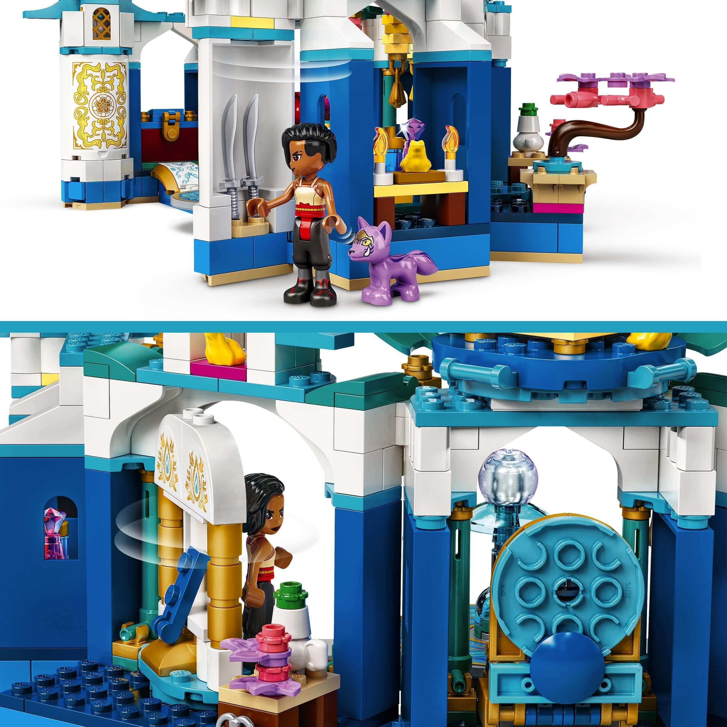 LEGO Disney Raya Heart Palace Playset 43181 with minidolls and Tuk Tuk figures, colorful design and accessories.