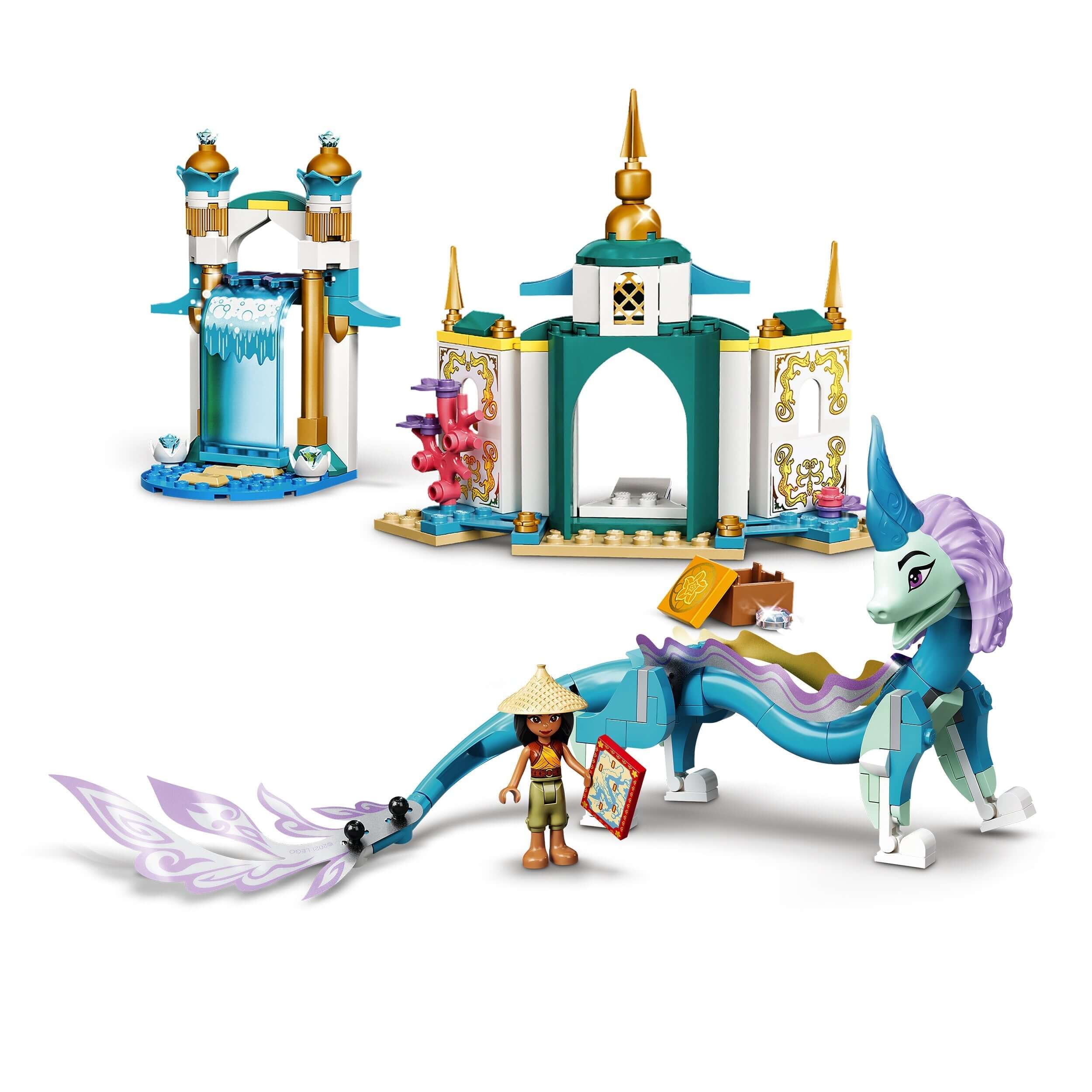 LEGO Disney Raya and Sisu Dragon playset 43184 featuring mini-doll figure, Sisu Dragon figure, and two colorful builds.