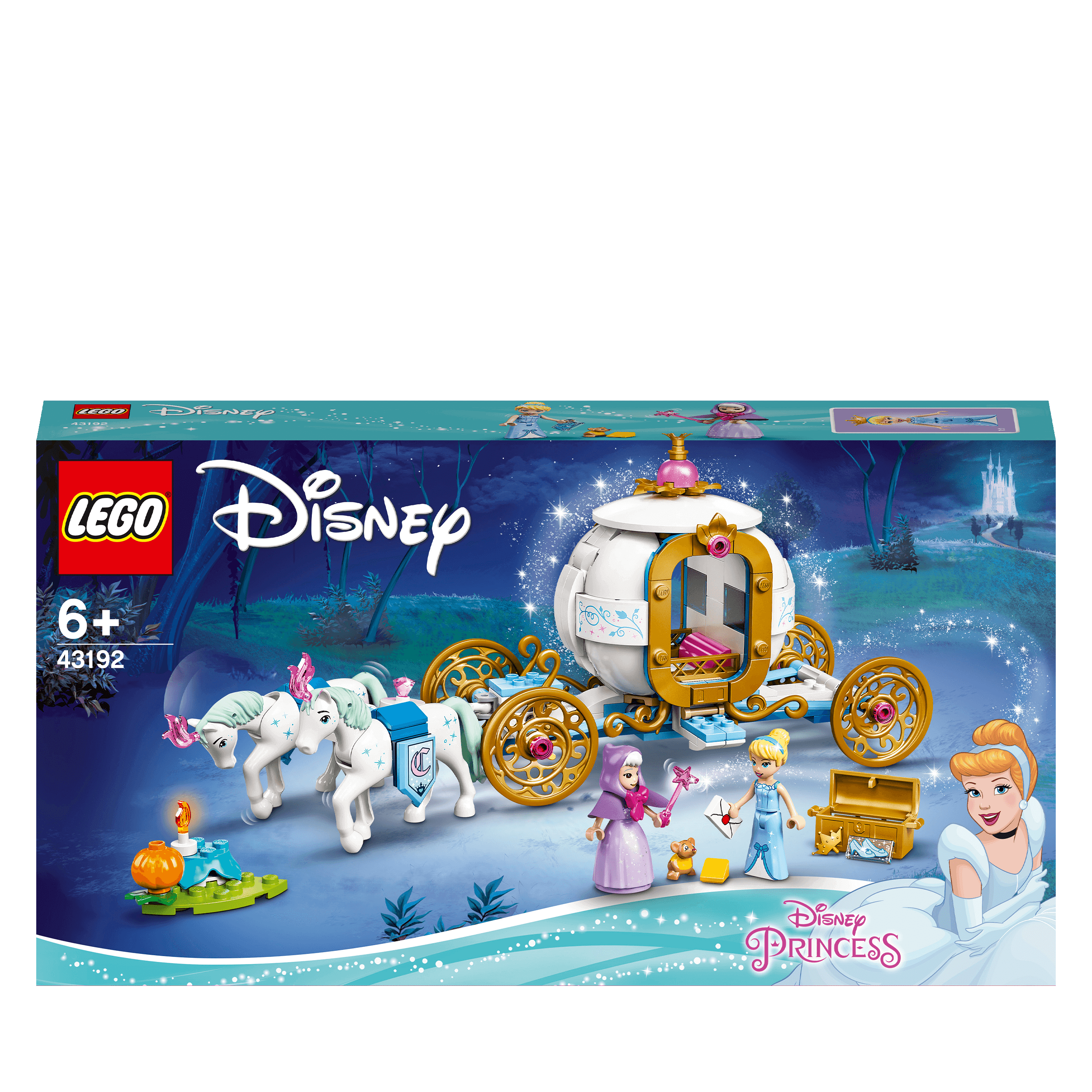 LEGO Disney Cinderella's Royal Carriage Toy 43192 featuring the carriage, minidolls, horses, and accessories.