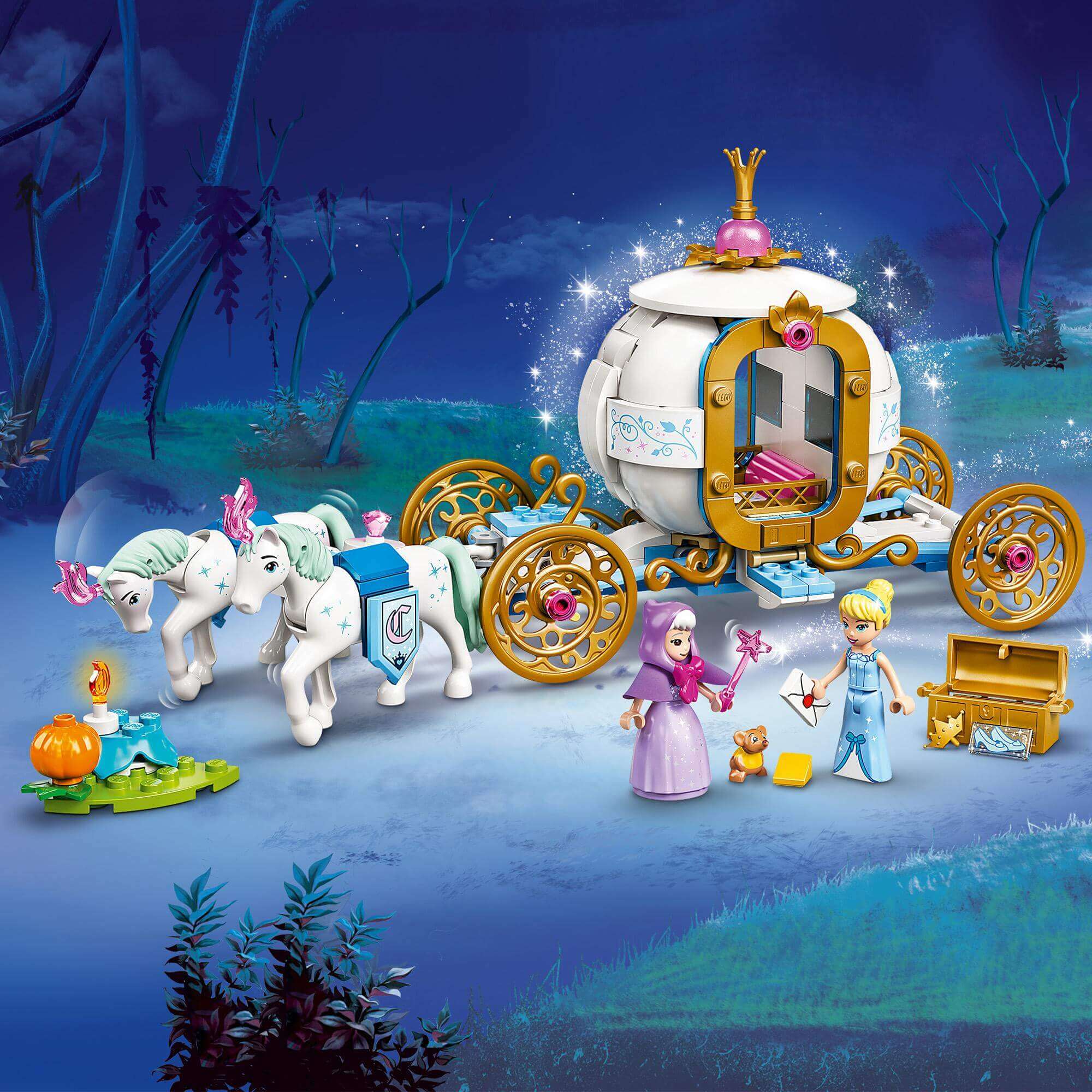 LEGO® Disney Cinderella’s Royal Carriage set with minidolls, carriage, horses, and magical accessories.