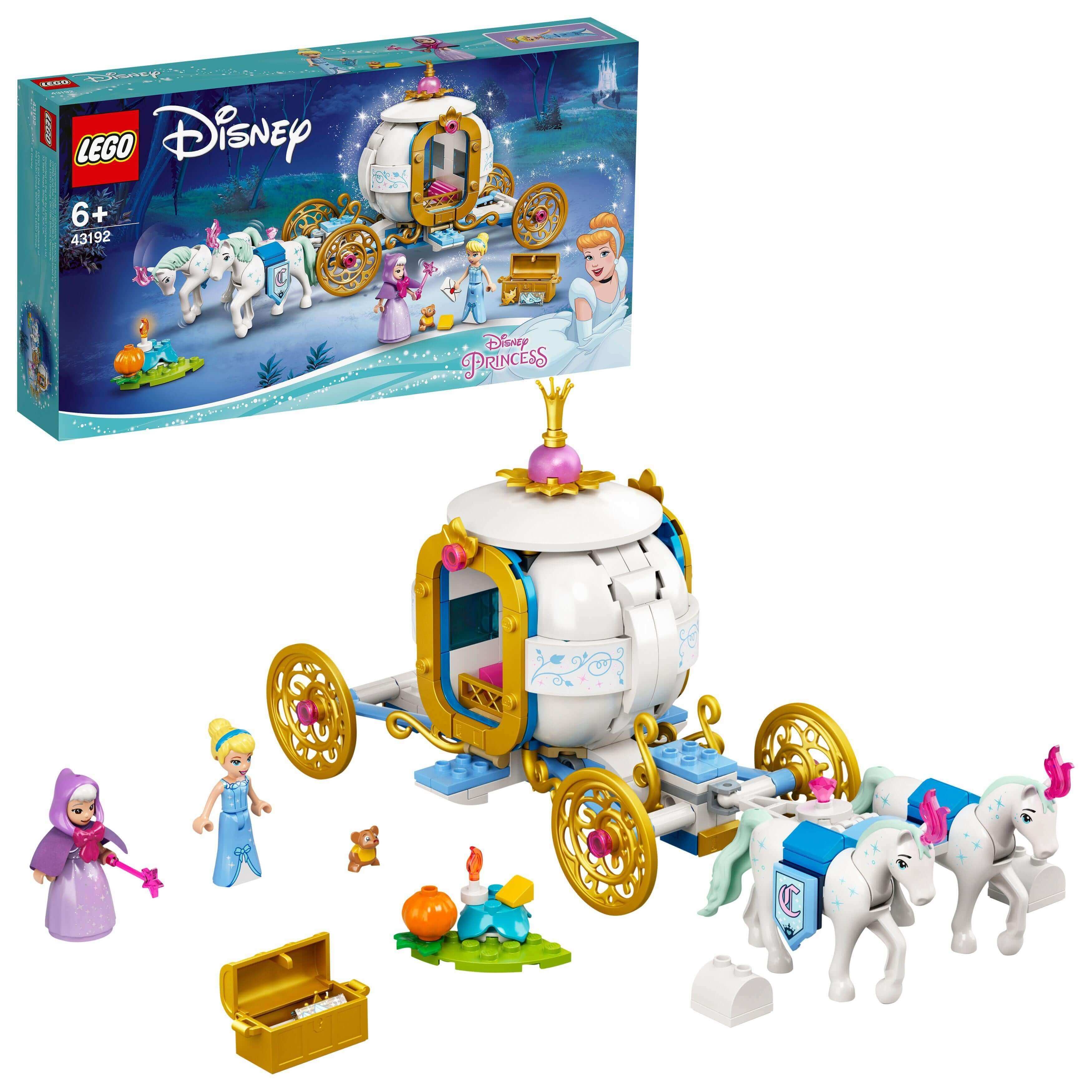 LEGO® Disney Cinderella’s Royal Carriage Toy 43192 with minidolls, horses, and carriage set for young fans.