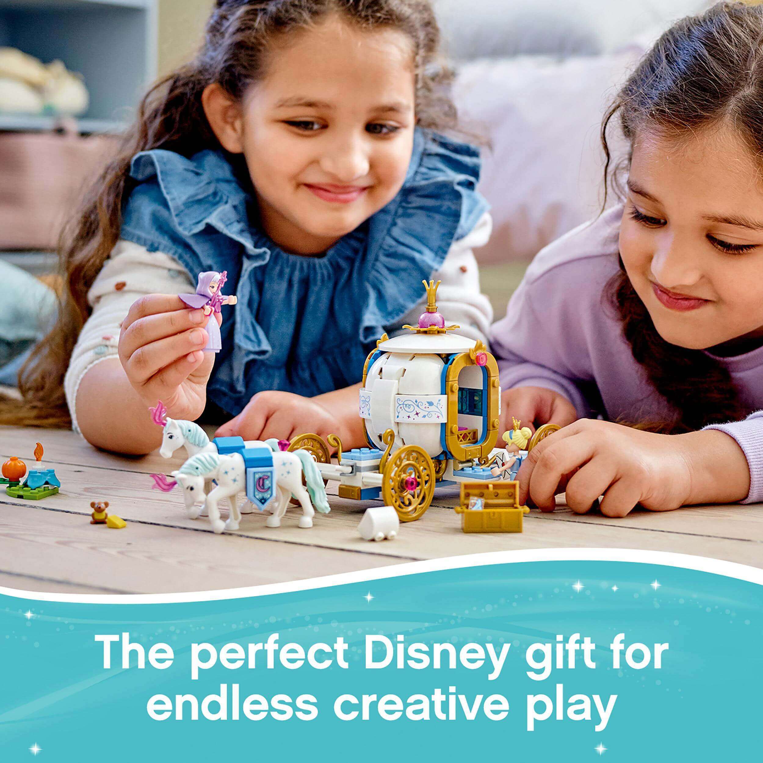 Children playing with LEGO Disney Cinderella's Royal Carriage set, enjoying endless creative fun.