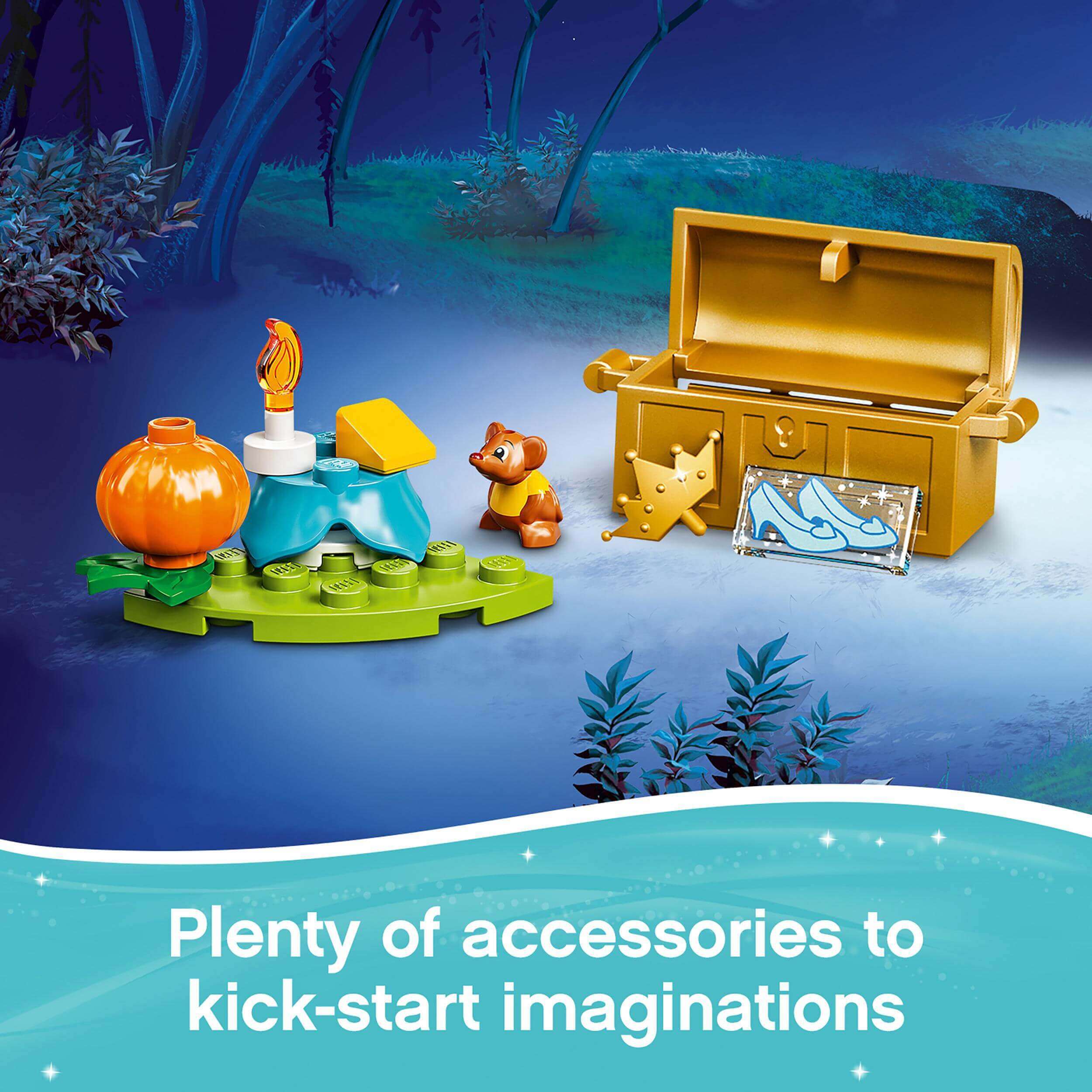 LEGO® Disney Cinderella's Royal Carriage set accessories, including pumpkin, candle, and treasure chest, ideal for imaginative play