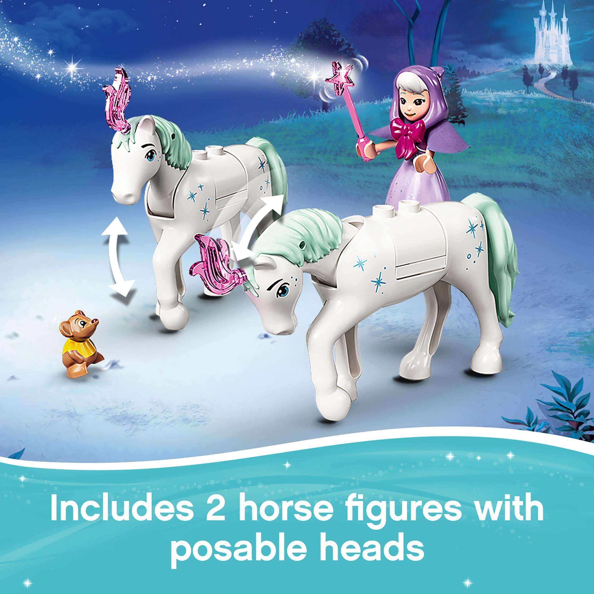 Includes 2 posable horse figures and a LEGO® mouse, part of the Disney Cinderella’s Royal Carriage set.