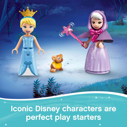 LEGO Disney characters Cinderella and Fairy Godmother with a bear, promoting imaginative play for fans.