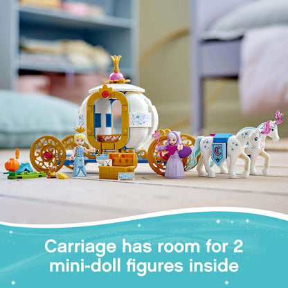 LEGO® Disney Cinderella’s Royal Carriage 43192 with 2 minidoll figures, LEGO mouse, and 2 LEGO horses.