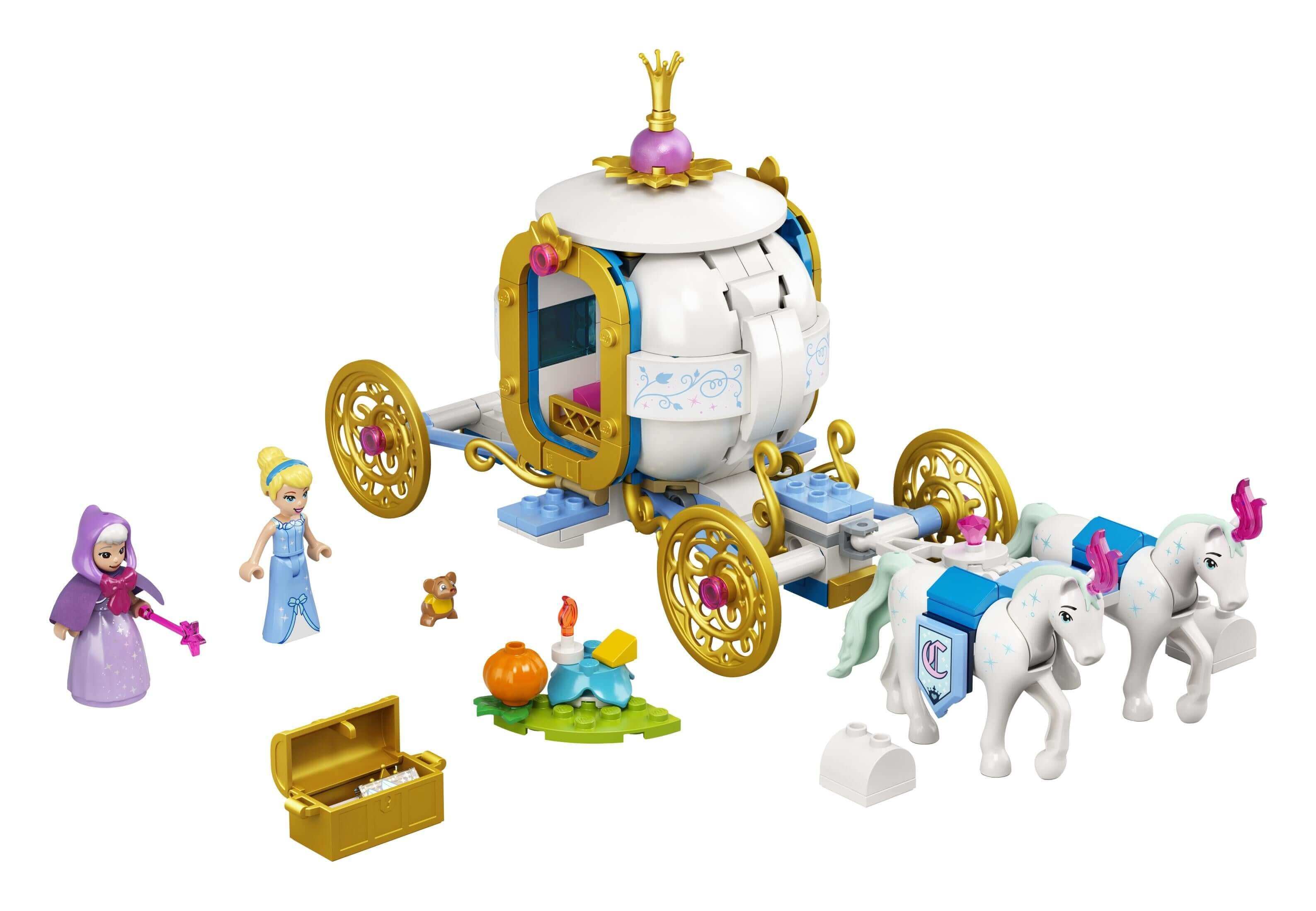 LEGO Disney Cinderella's Royal Carriage set with minidolls, mice, and horses for imaginative play.