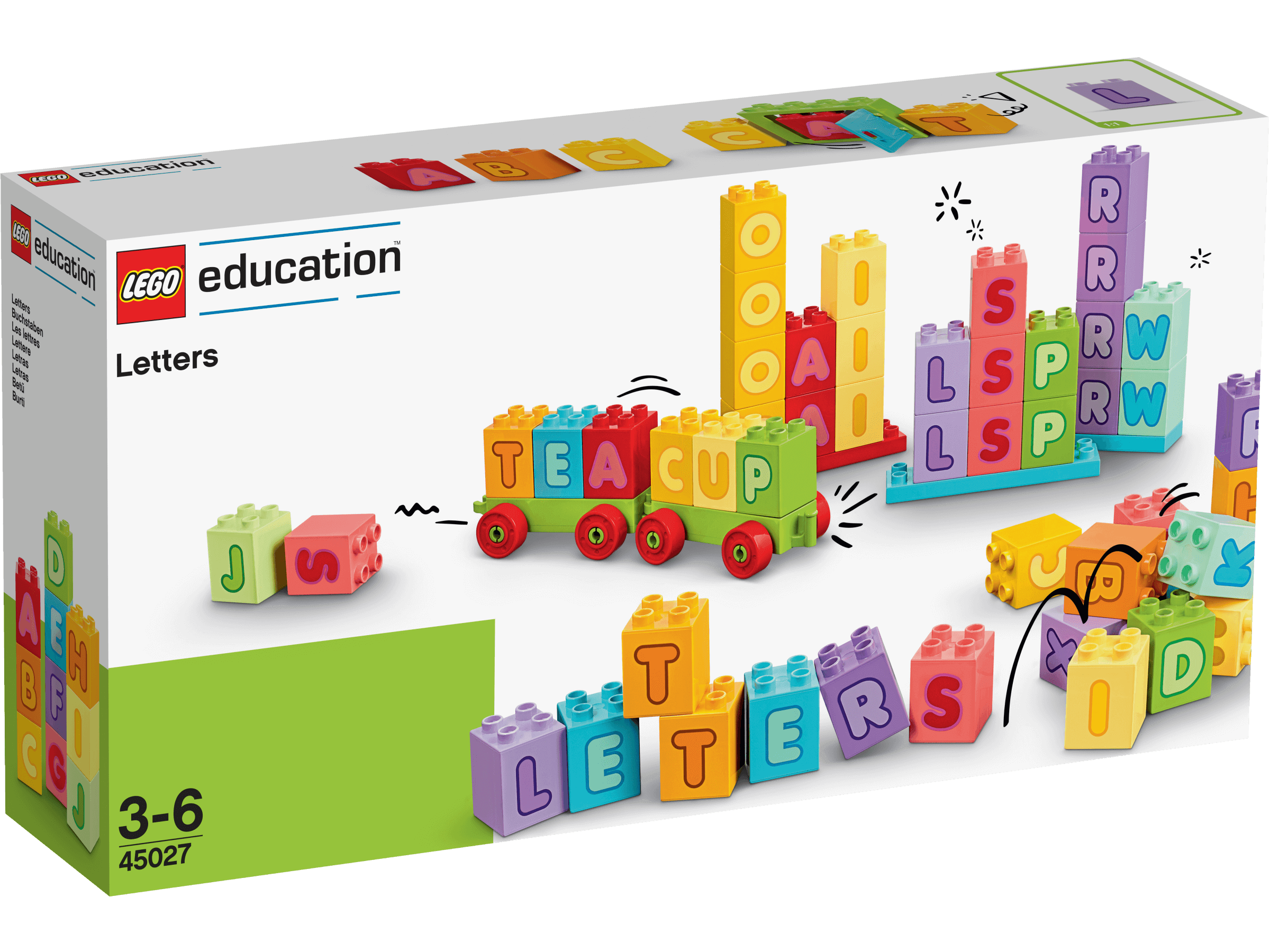 LEGO® Education Letters 45027 box showcasing colorful DUPLO® bricks for alphabet learning and play.