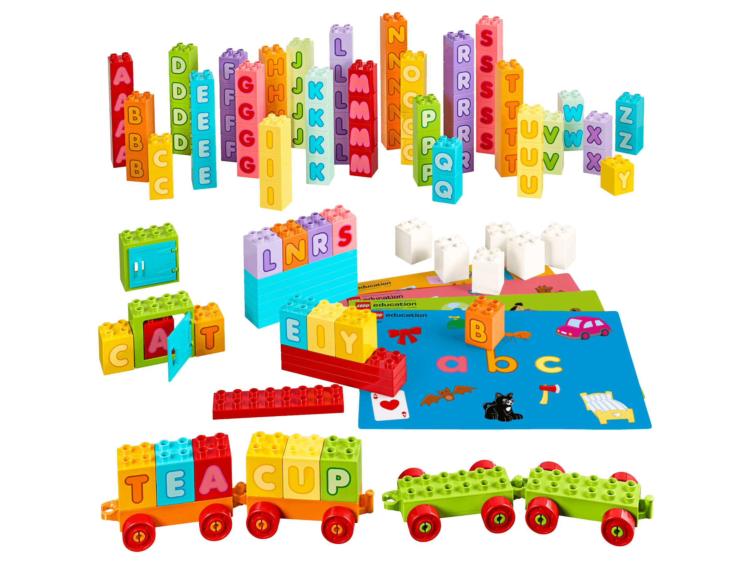 Colorful LEGO® Education Letters set with alphabet bricks, building plates, trucks, and creative activity cards for learning.