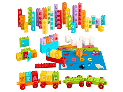 Colorful LEGO® Education Letters set with alphabet bricks, building plates, trucks, and creative activity cards for learning.