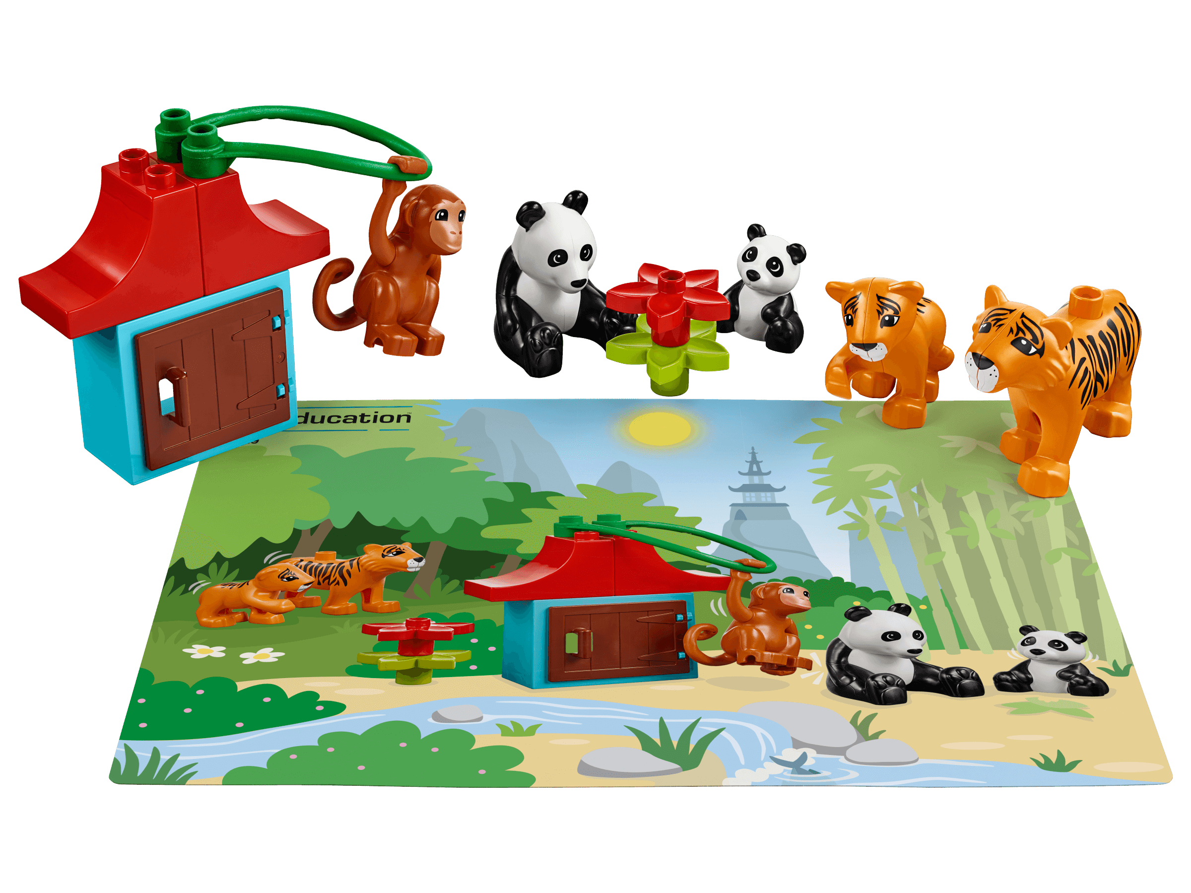 LEGO® Education Animals 45029 set featuring colorful animal figures and a vibrant habitat play mat.