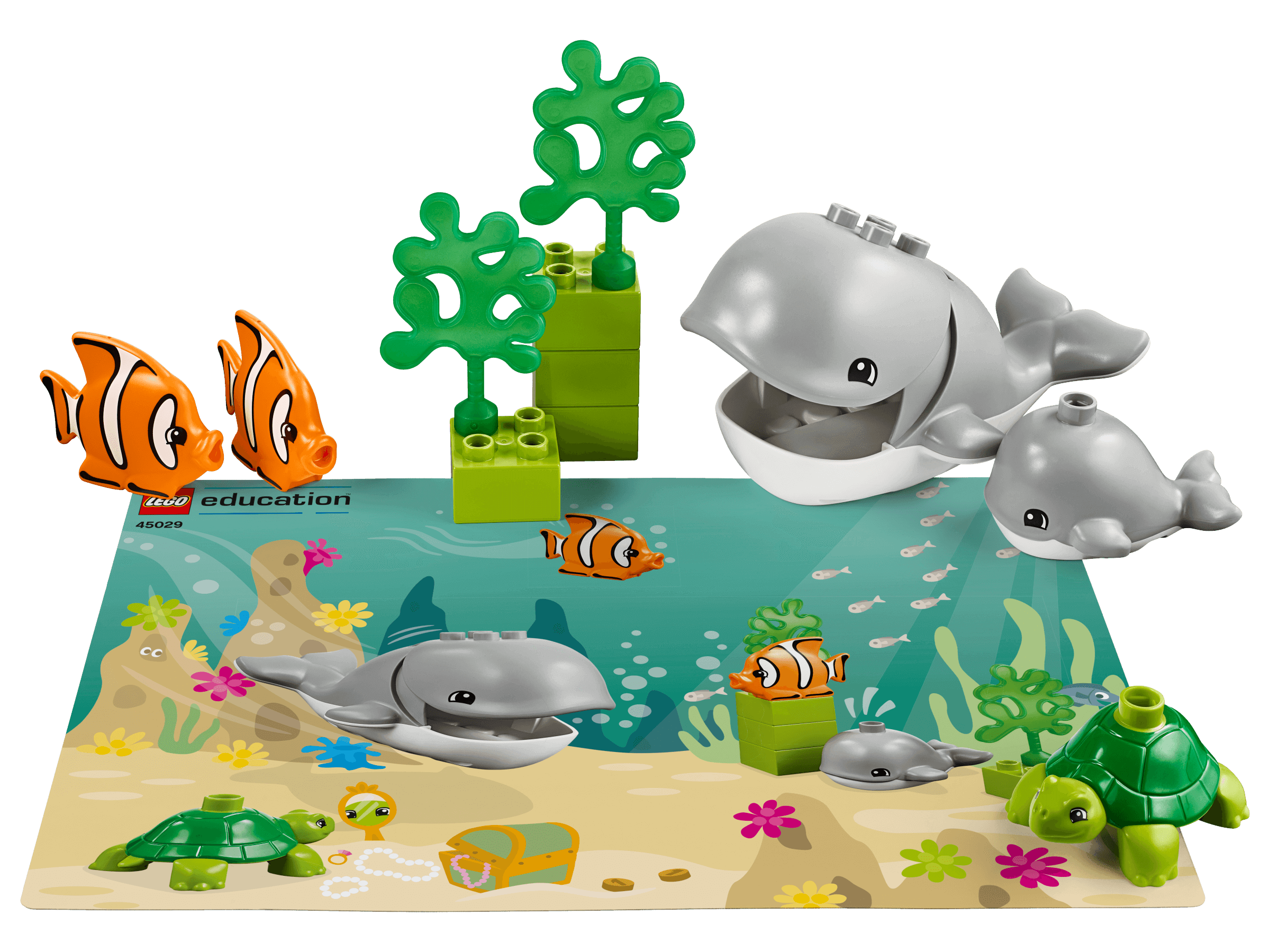 Colorful LEGO® Education Animals set featuring sea life: whales, clownfish, and turtles on an underwater scene.