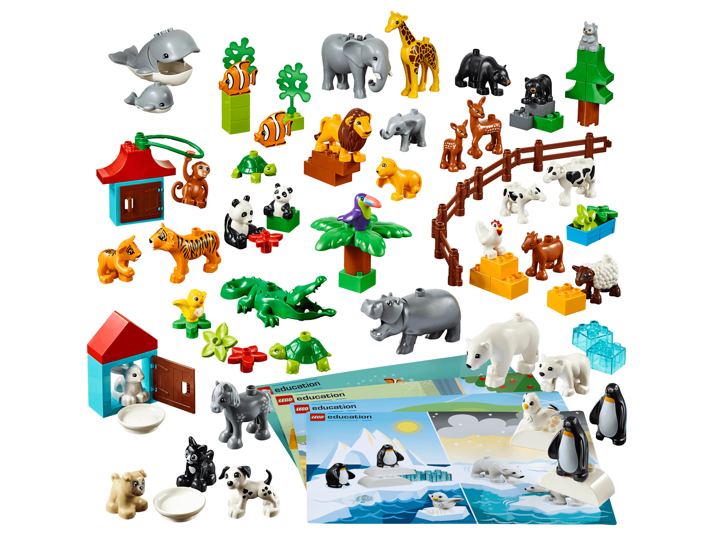LEGO® Education Animals 45029 set featuring various wild animals, farm animals, and habitat building inspiration cards.