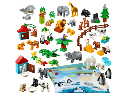 LEGO® Education Animals 45029 set featuring various wild animals, farm animals, and habitat building inspiration cards.