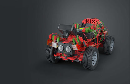 Autonomous driving robotics kit featuring a red vehicle with visible wiring and components for STEM coding.