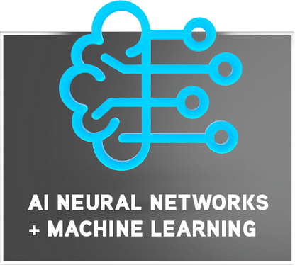 Icon representing AI neural networks and machine learning with blue lines on a dark background.