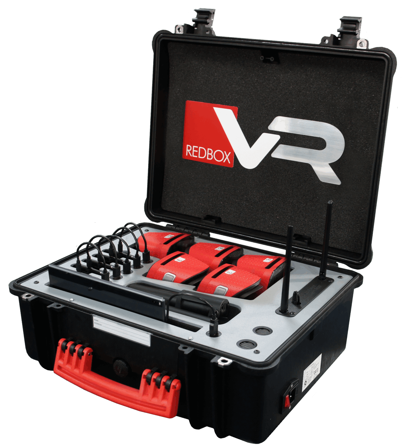 RedboxVR Classroom VR/AR kit case with charging devices and integrated router for immersive learning.