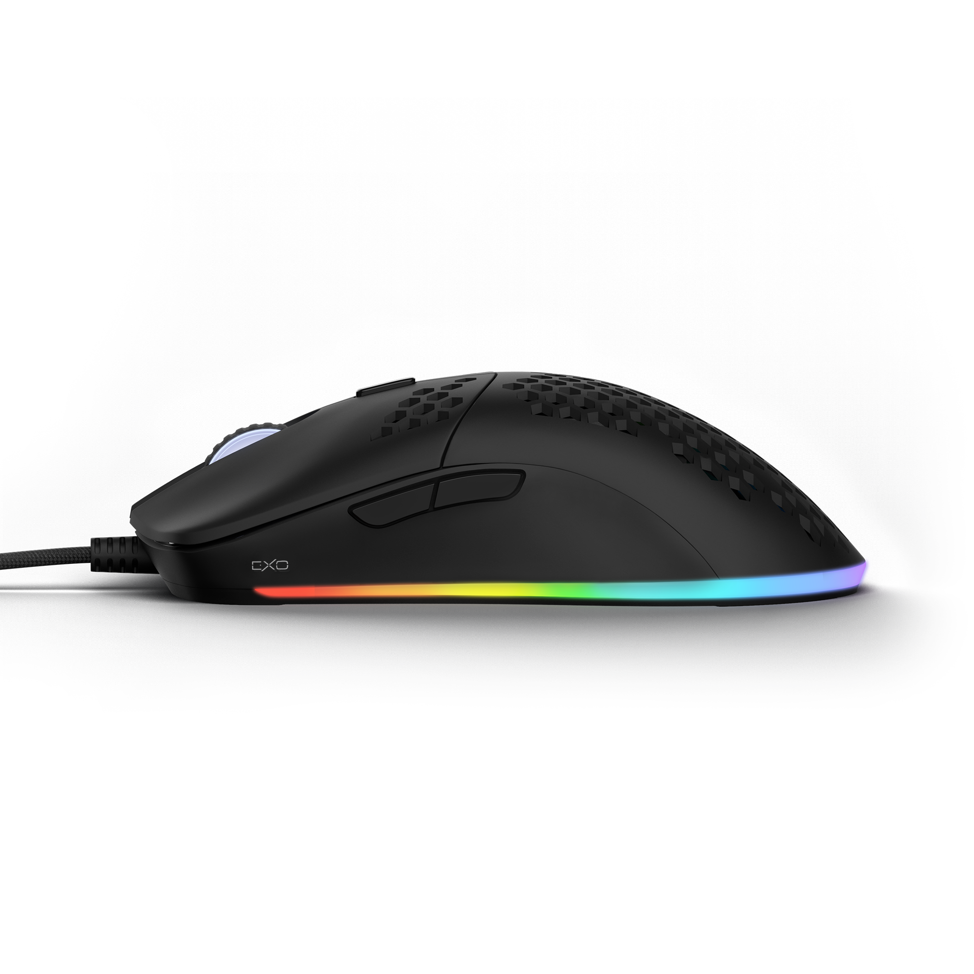 Tecware EXO Elite RGB gaming mouse side view showcasing lightweight design and customizable lighting features.