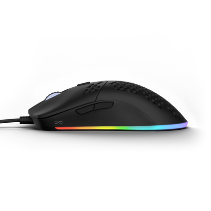 Tecware EXO Elite RGB gaming mouse side view showcasing lightweight design and customizable lighting features.