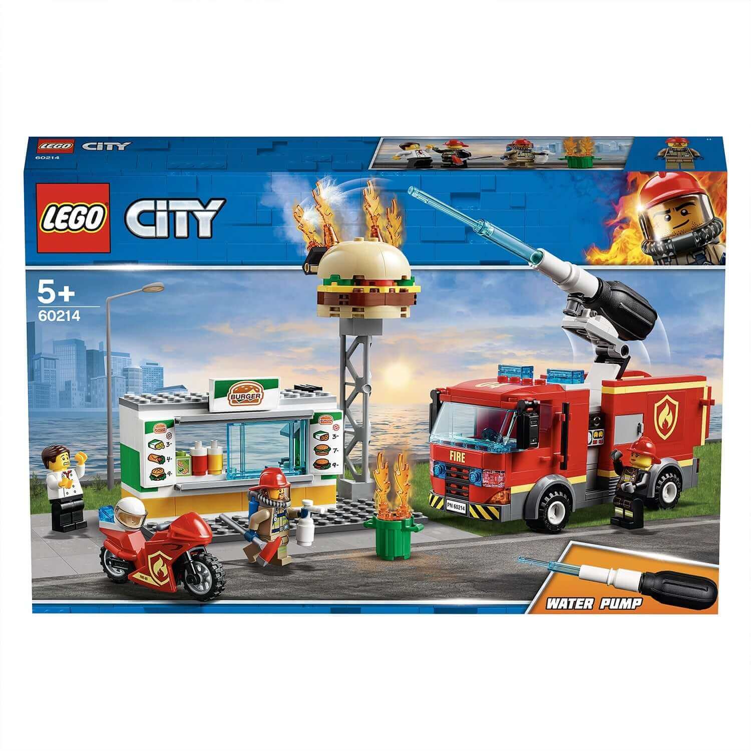 LEGO City Burger Bar Fire Rescue Engine Toy 60214 featuring a fire rescue scene with firefighters and a burning burger.