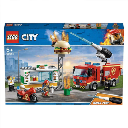 LEGO City Burger Bar Fire Rescue Engine Toy 60214 featuring a fire rescue scene with firefighters and a burning burger.