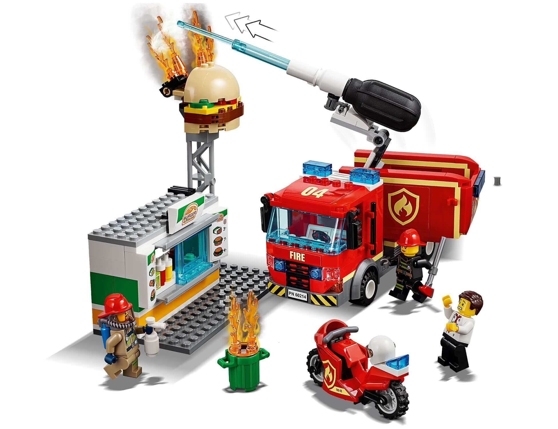 LEGO City Burger Bar Fire Rescue Engine Toy 60214 with firefighters and fire truck in action.