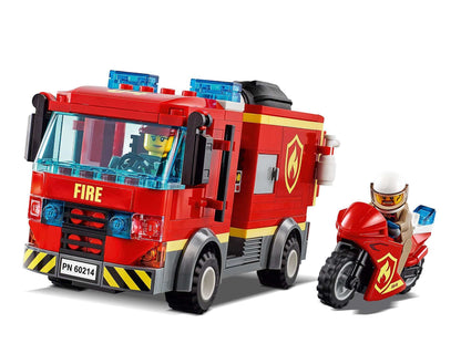 LEGO City Burger Bar Fire Rescue Engine 60214 with fire truck and motorcycle, featuring firefighters in action.