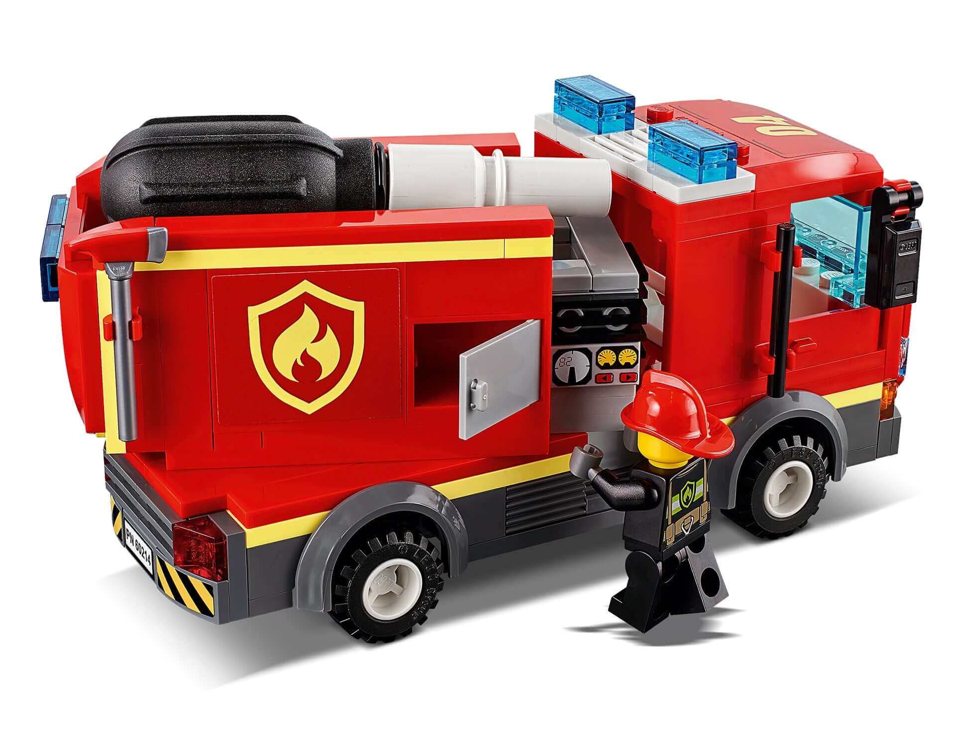 LEGO® City Burger Bar Fire Rescue Engine Toy 60214 with firefighter figure, showcasing vibrant red design and details.