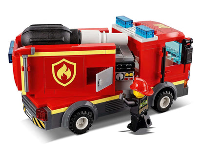 LEGO® City Burger Bar Fire Rescue Engine Toy 60214 with firefighter figure, showcasing vibrant red design and details.