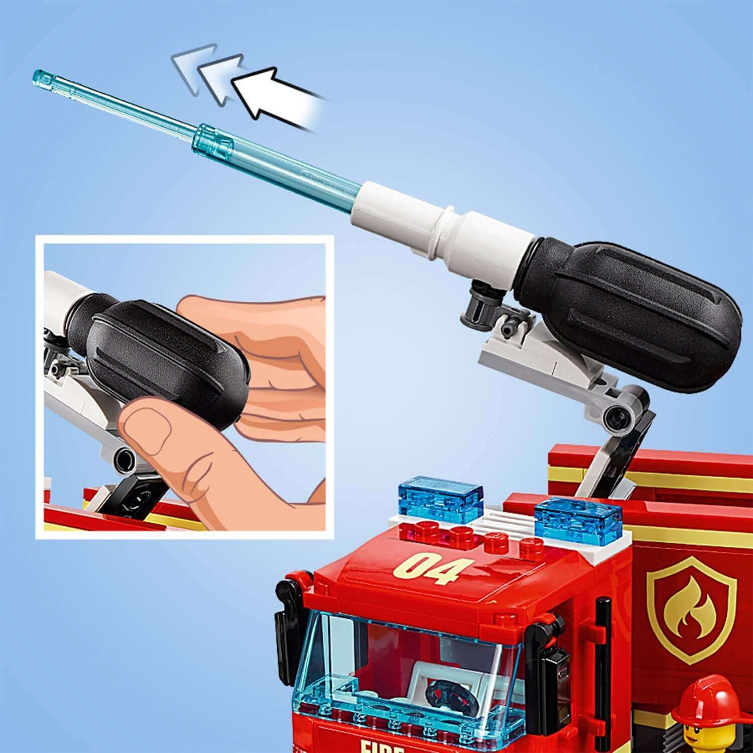 LEGO City Burger Bar Fire Rescue Engine 60214, detailing the use of the fire hose nozzle in action.
