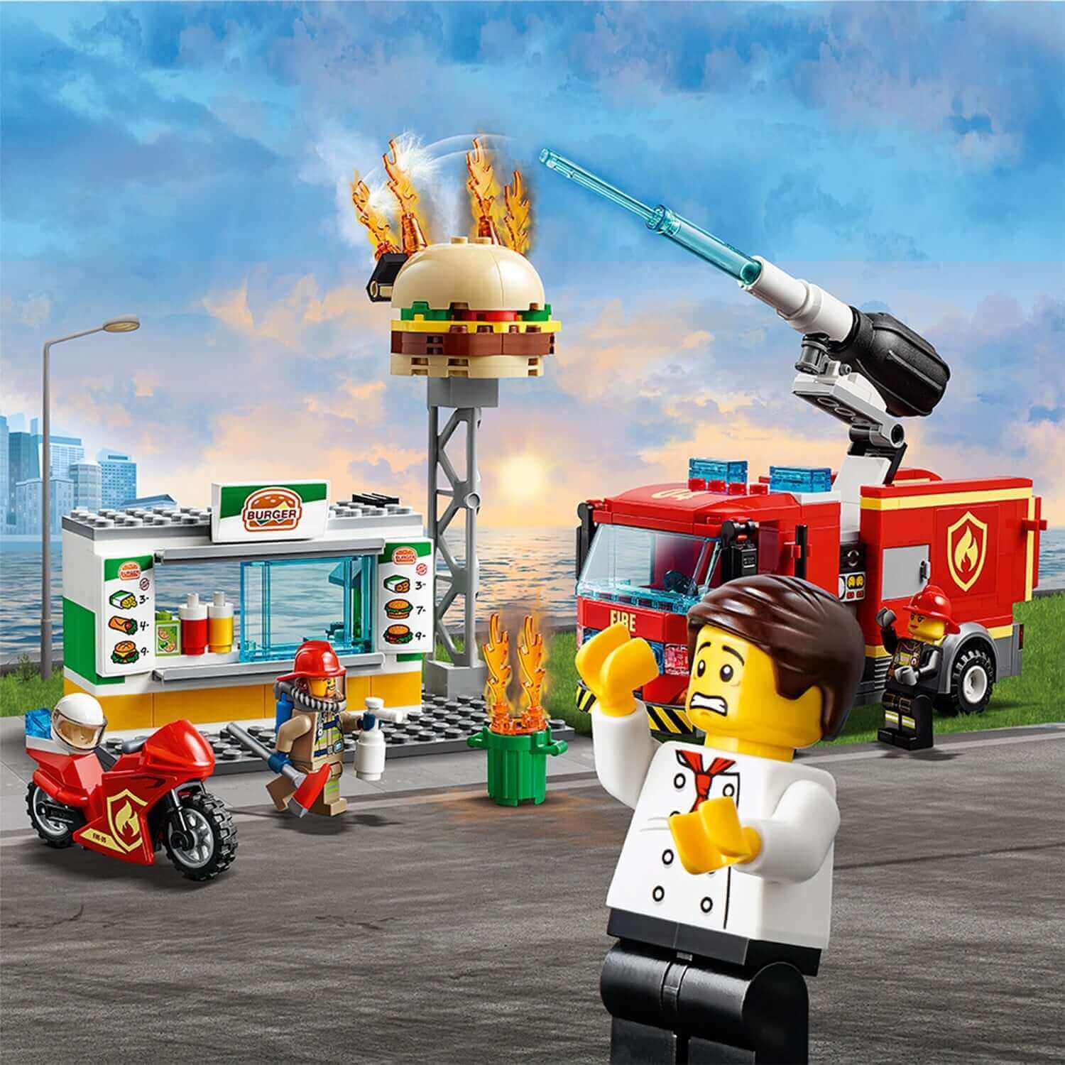 LEGO City Burger Bar Fire Rescue Engine 60214 with chef, fire truck, and flames on burger statue.