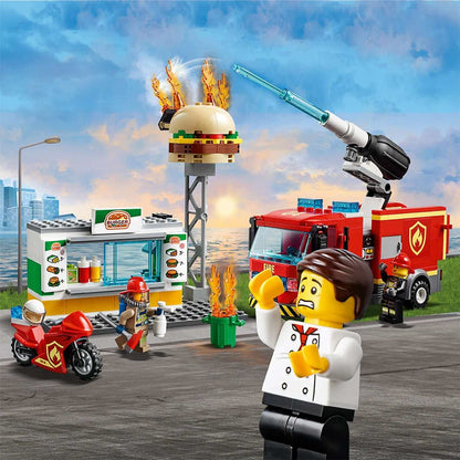 LEGO City Burger Bar Fire Rescue Engine 60214 with chef, fire truck, and flames on burger statue.