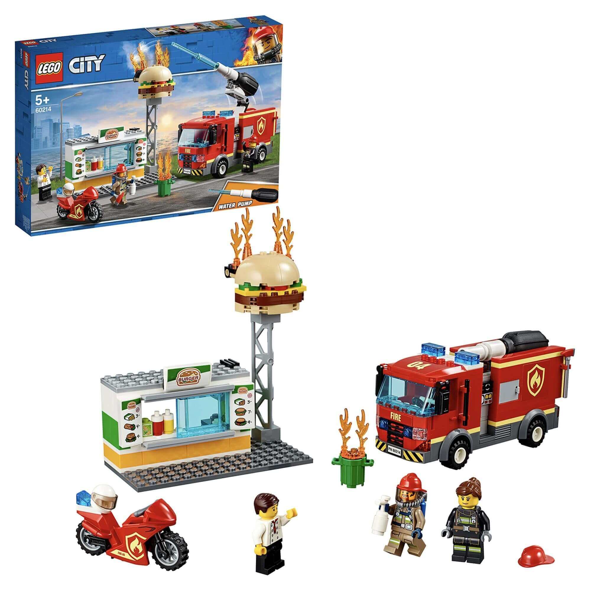 LEGO City Burger Bar Fire Rescue Engine Toy 60214 featuring a fire truck, burger joint, and figures in action.