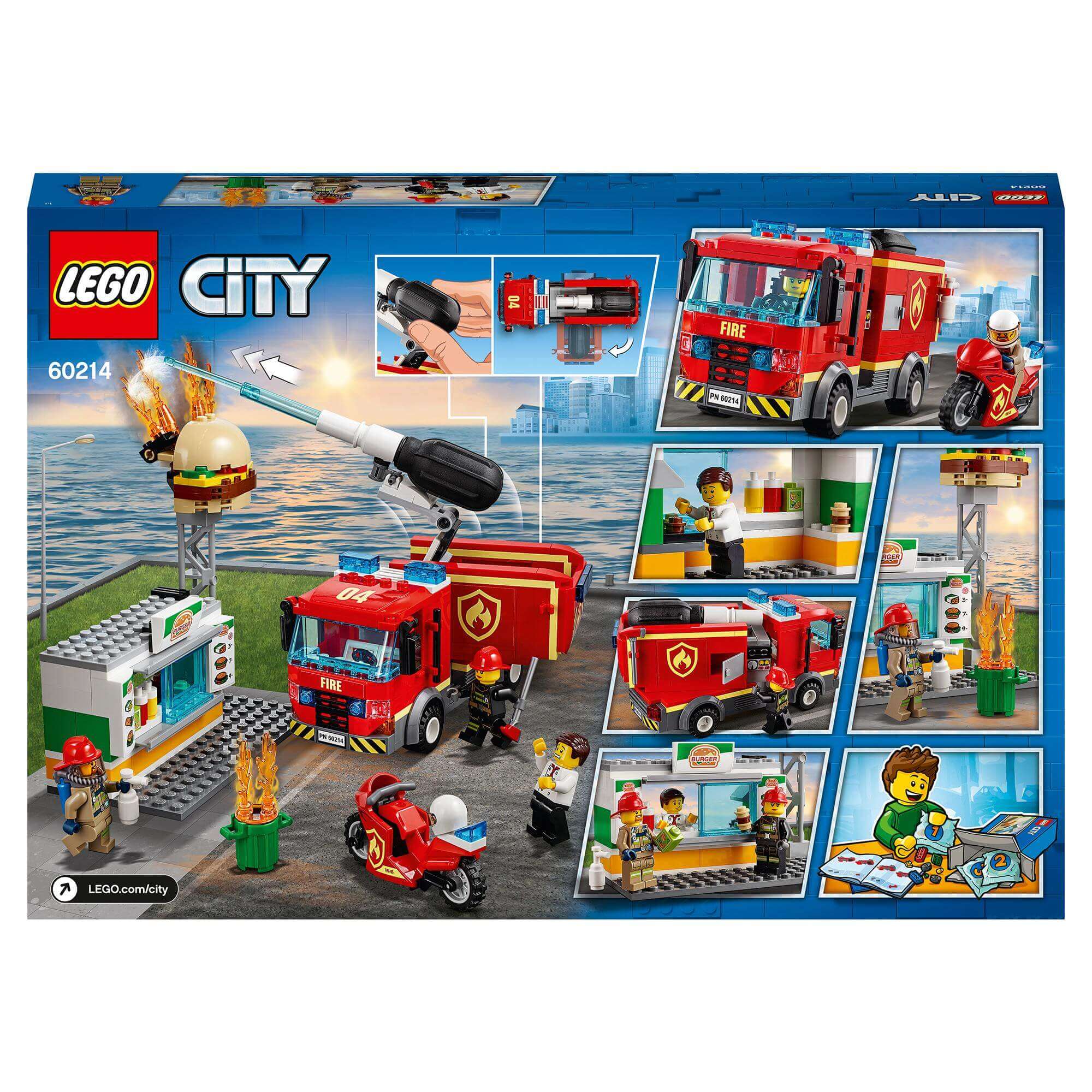 LEGO City Burger Bar Fire Rescue Engine Toy 60214 with fire truck and characters battling flaming burger.