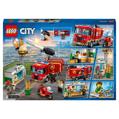 LEGO City Burger Bar Fire Rescue Engine Toy 60214 with fire truck and characters battling flaming burger.