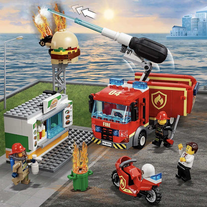 LEGO City Burger Bar Fire Rescue Engine 60214 with firefighters responding to a food stand fire, including fire truck and motorcycle.