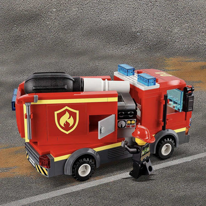 LEGO City Burger Bar Fire Rescue Engine Toy 60214 with firefighter minifigure and detailed truck design.