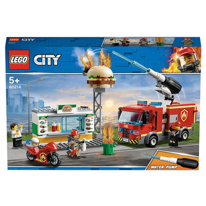 LEGO City Burger Bar Fire Rescue Engine toy 60214 featuring firefighting action at a burger stand.