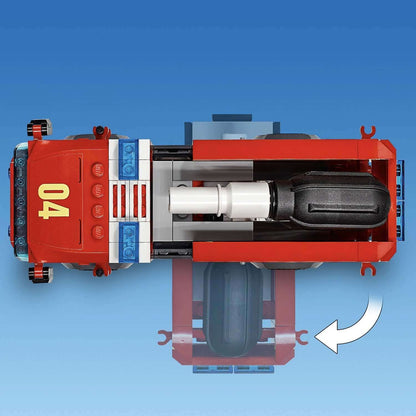 Top view of LEGO® City Burger Bar Fire Rescue Engine Toy 60214 featuring movable water cannon and detailed design.