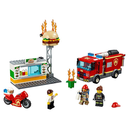 LEGO City Burger Bar Fire Rescue Engine Toy 60214, featuring a fire truck, mini-figures, and a burger stand with fire effects.