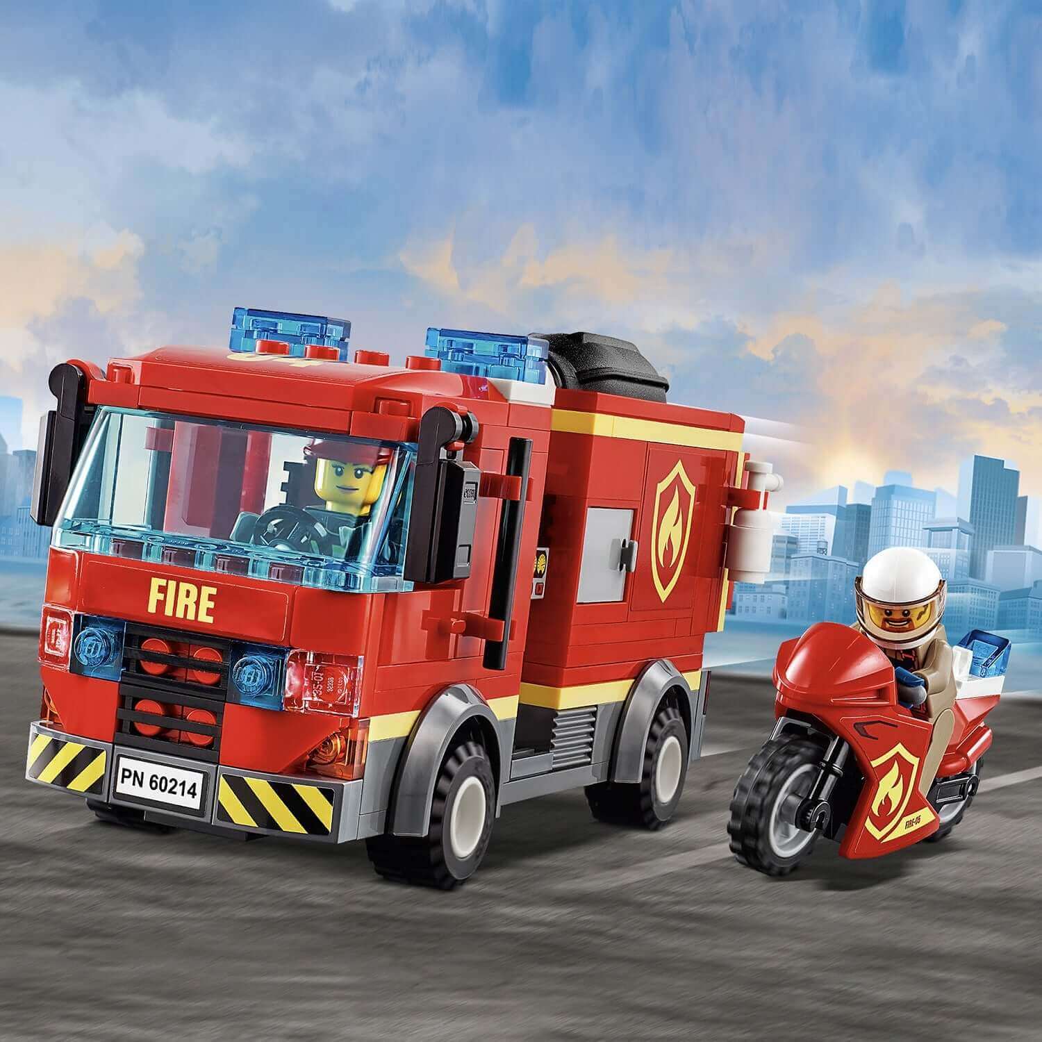 LEGO City Burger Bar Fire Rescue Engine Toy 60214 featuring fire truck and motorcycle in action.