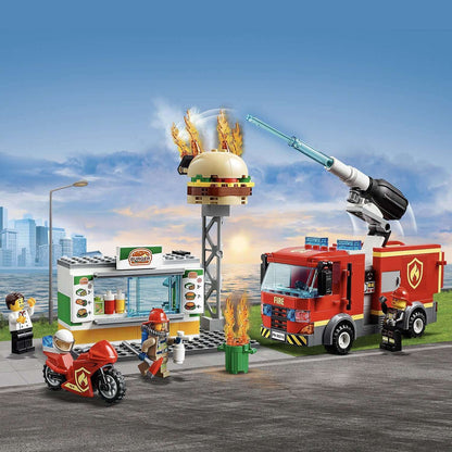 LEGO City Burger Bar Fire Rescue Engine 60214 with fire, fire truck, and characters in action at a burger stand.