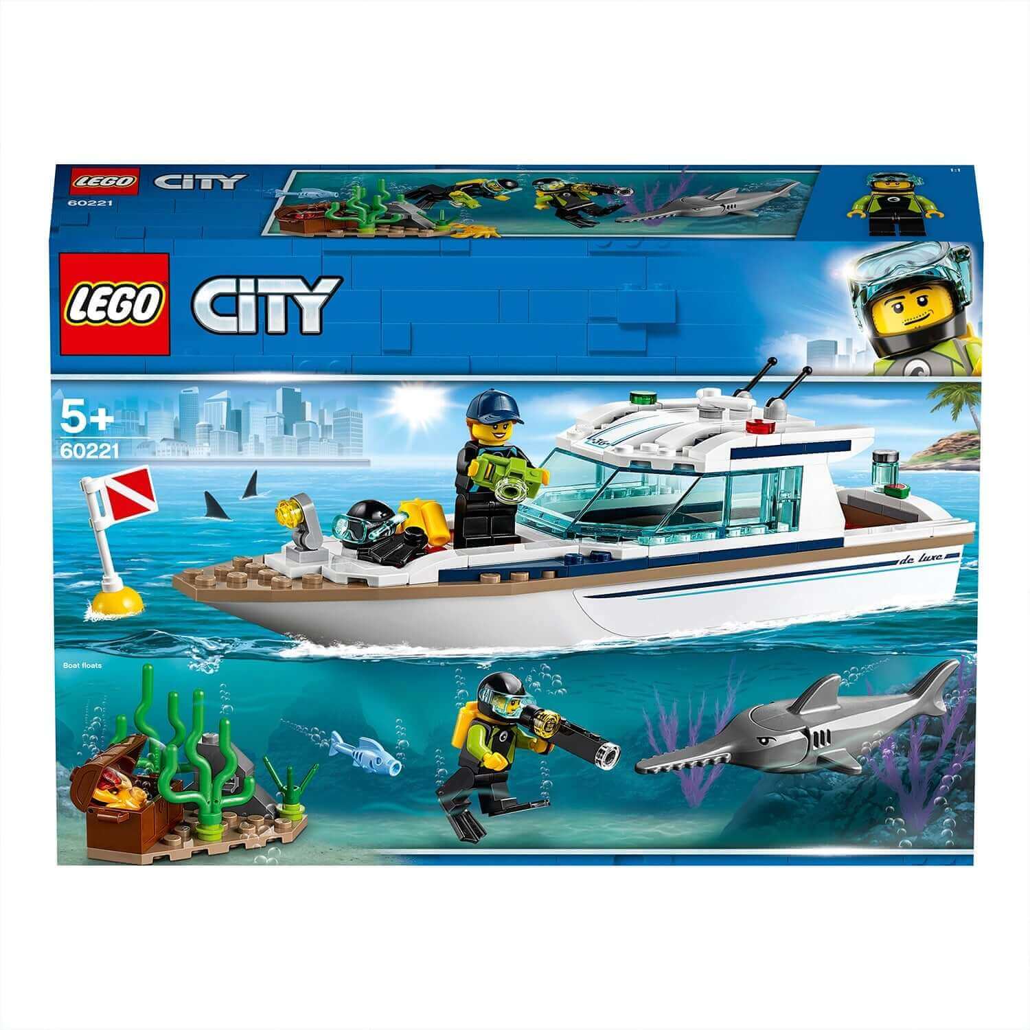 LEGO City Diving Yacht Set 60221 featuring divers, sharks, and underwater elements for creative play.