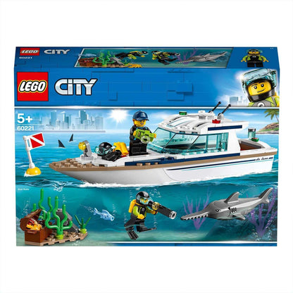 LEGO City Diving Yacht Set 60221 featuring divers, sharks, and underwater elements for creative play.