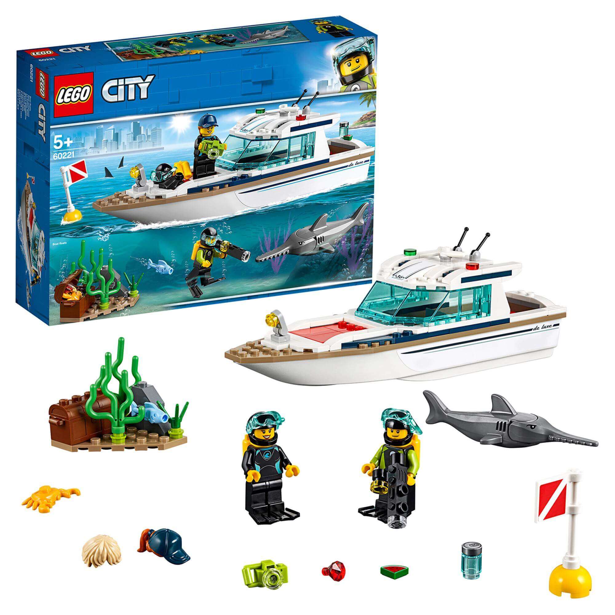 LEGO City Diving Yacht Deep Sea Boat Set 60221 with divers, shark, and underwater accessories for imaginative play.