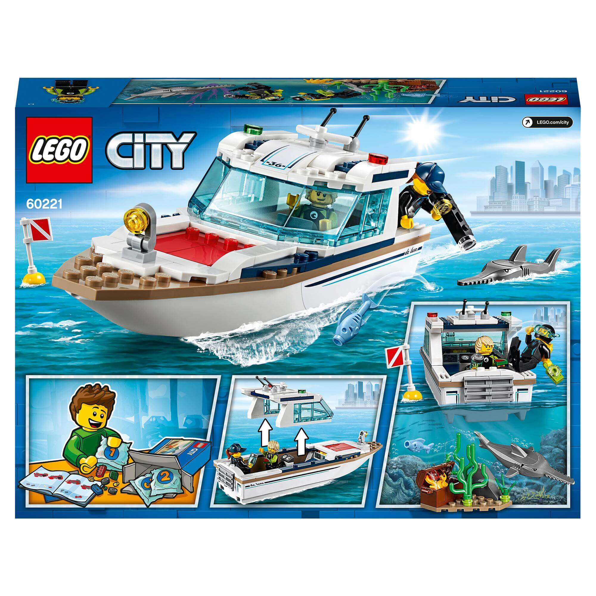 LEGO® City Diving Yacht Set 60221, featuring a deep sea boat with divers and sharks, ideal for creative play.