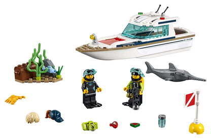 LEGO® City Diving Yacht Set 60221 featuring divers, shark, and underwater accessories for deep sea exploration.