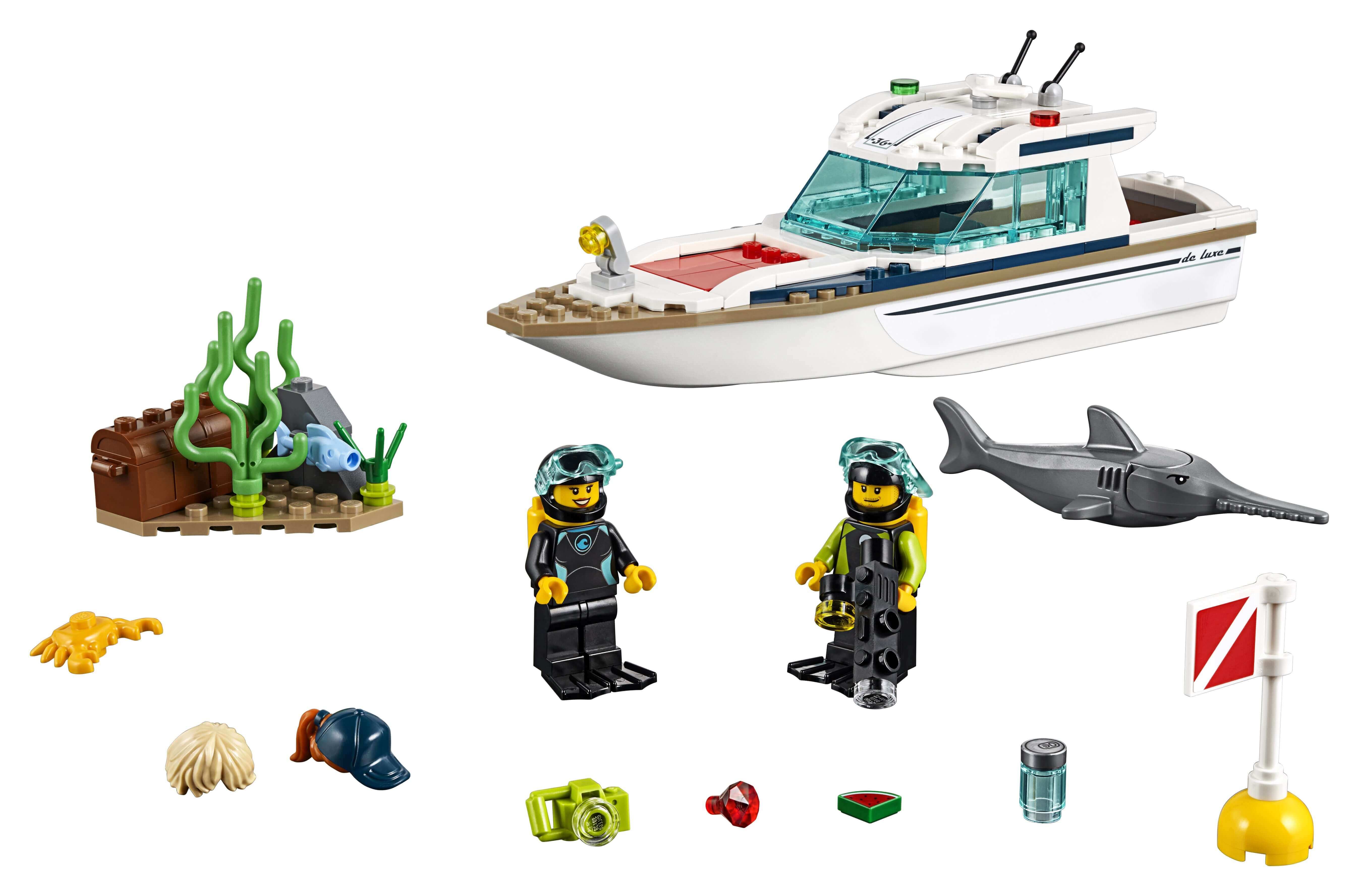 LEGO® City Diving Yacht Set 60221 featuring divers, shark, and underwater accessories for deep sea exploration.