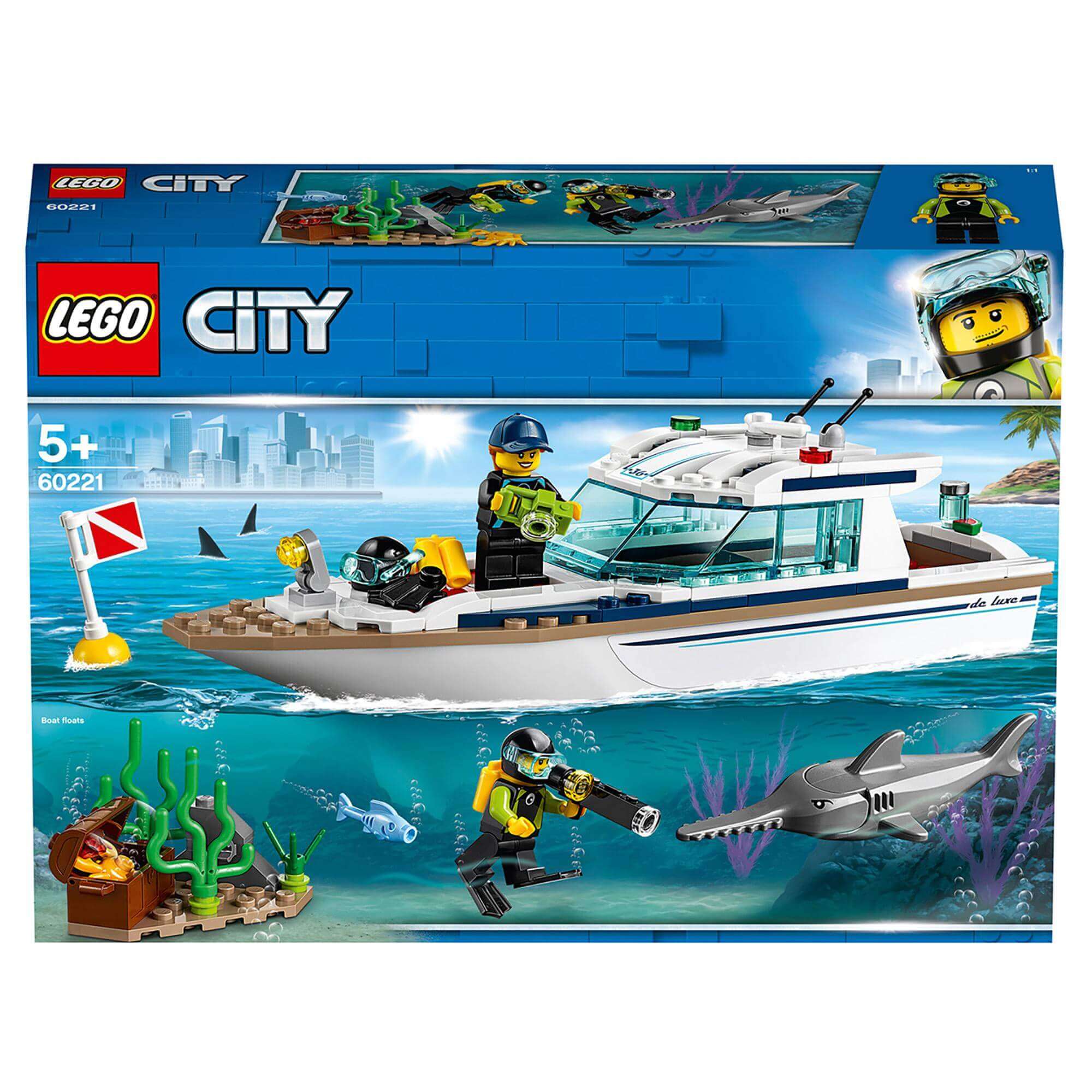 LEGO City Diving Yacht Deep Sea Boat Set 60221 featuring divers, a boat, and ocean scene with sharks and coral.