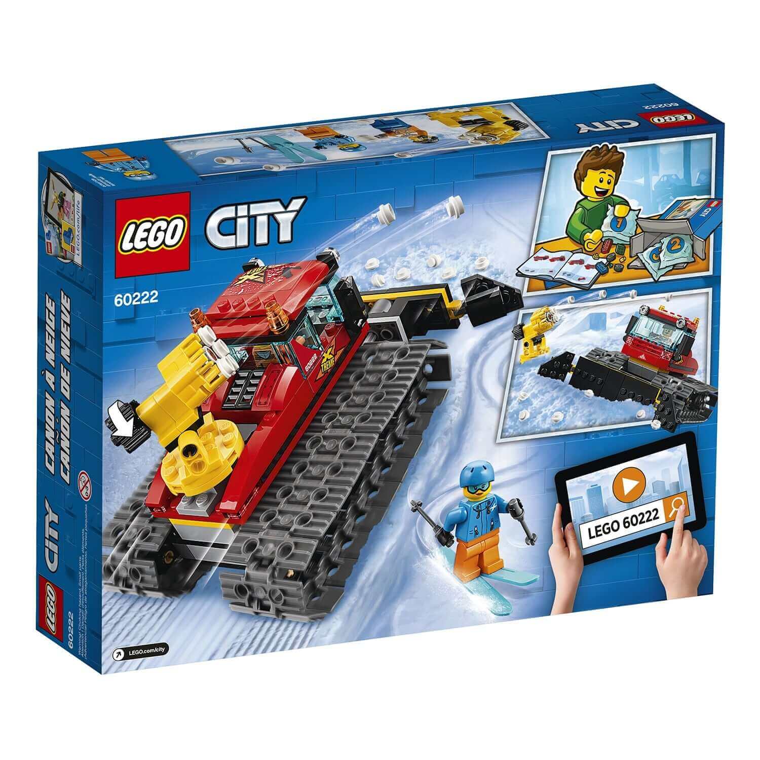 LEGO City Snow Groomer with Plough Toy 60222 packaging featuring snow plow, minifigures, and play accessories.